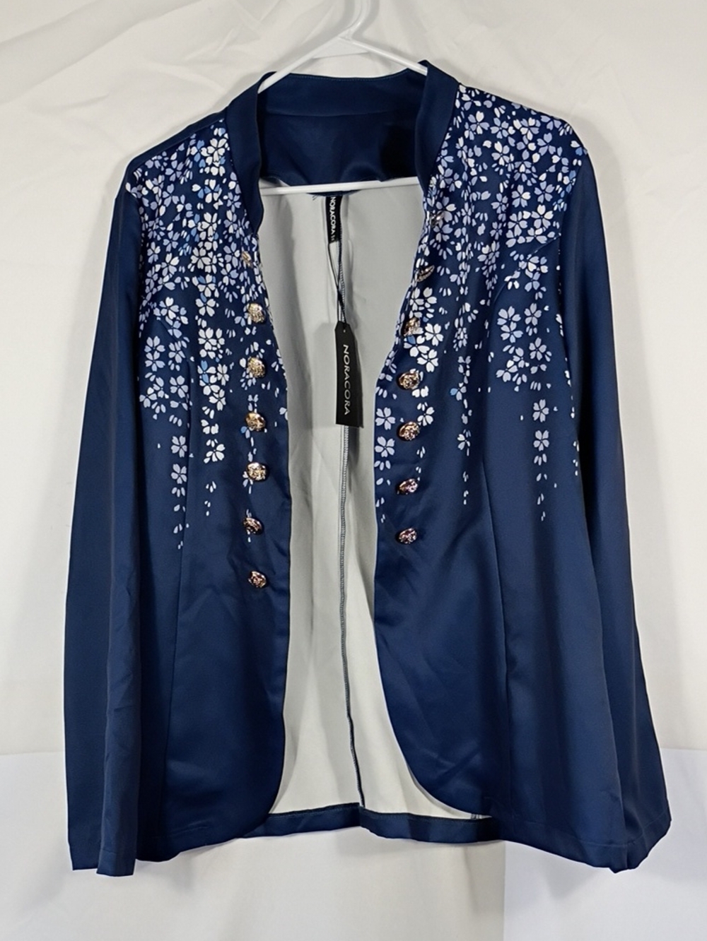 NWT Noracora Navy Blue Military-Style Open-Front Jacket Floral Print Size XXL